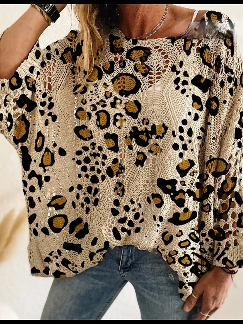 Leopard Print Crochet Knit Top in Cream and Gold